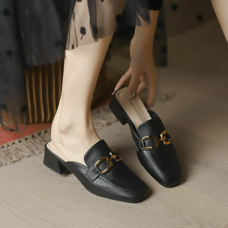 Hot selling thick heeled toe half slippers (black size 35-40) (please contact customer service to confirm the delivery size after placing the order)