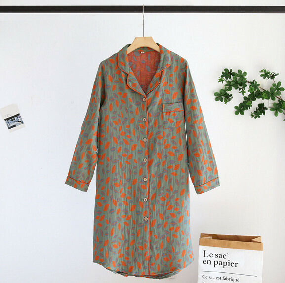 Spring and Summer Double Gauze Retro Long Sleeve Nightdress (LYZ Red Leaves) [M-XL Size] [Contact Customer Service to Confirm Shipping Size After Placing an Order]