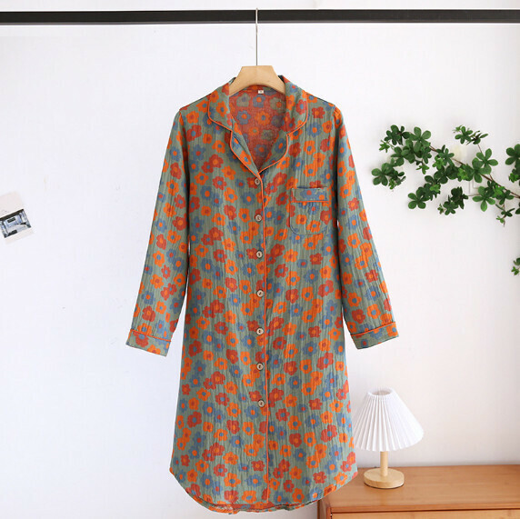 Spring and Summer Double Gauze Retro Long Sleeve Nightdress (LYZ Blue Flower) [M-XL Size] [Contact Customer Service to Confirm Shipping Size after Placing an Order]