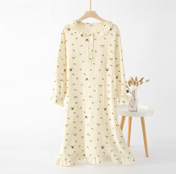 Spring and summer crepe round neck long sleeve nightdress (SXL orchid) [M-XL size] [Contact customer service to confirm the shipping size after placing an order]