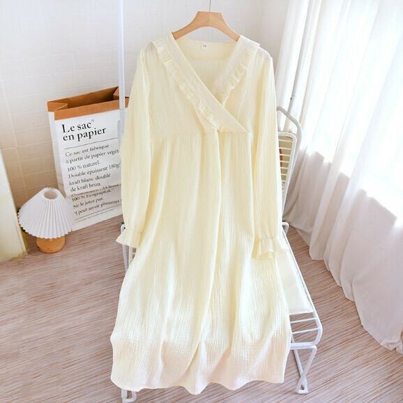 Spring, autumn and summer crepe solid color V-neck long-sleeved nightdress (HLL light yellow) [M-XL size] [Contact customer service to confirm the shipping size after placing an order]