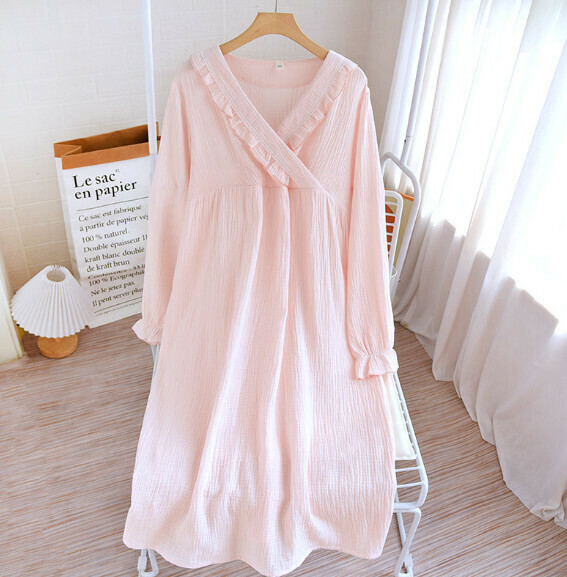 Spring, autumn and summer crepe solid color V-neck long-sleeved nightdress (HLL light pink) [M-XL size] [Contact customer service to confirm the shipping size after placing an order]