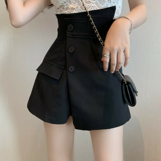 熱賣高腰斜排紐不規則短褲【黑色】【S-L碼】(下單後請聯絡客服確認發貨尺碼)