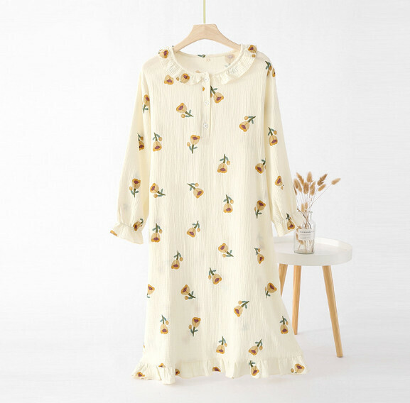 Spring and Summer Crepe Round Neck Long Sleeve Nightdress (SXL Tulip) [M-XL Size] [Contact Customer Service to Confirm Shipping Size After Placing an Order]