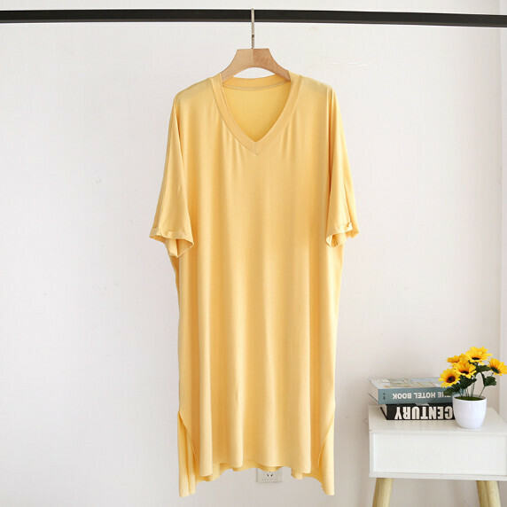 Summer Thin Ice Silk Modal V-Neck Nightdress (LZQ Yellow) [M-L Size] [Contact Customer Service to Confirm Shipping Size after Placing an Order]