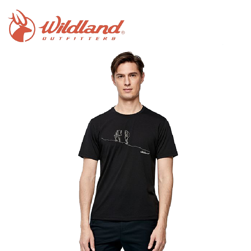Wildland 荒野 圓領印花抗UV排汗上衣 男款 (黑) 線條印花/吸濕排汗/休閒登山 10WA91612