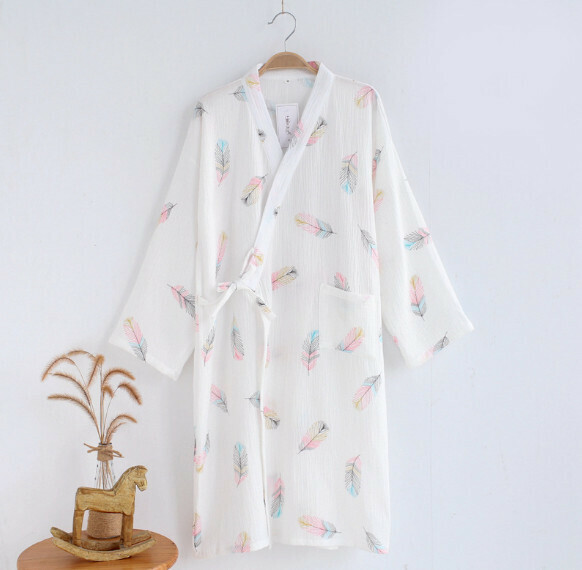 熱賣春夏秋季全棉縐布羽毛睡袍(白色）【M-L碼】【下單後聯絡客服確認發貨尺碼】