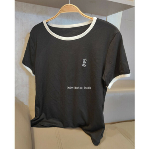 Embroidered contrasting edging patchwork crew neck short sleeve T-shirt [black] [one size 80-140 lbs]