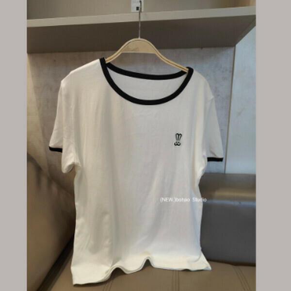 Embroidered contrasting edging patchwork crew neck short sleeve T-shirt [white] [one size 80-140 lbs]