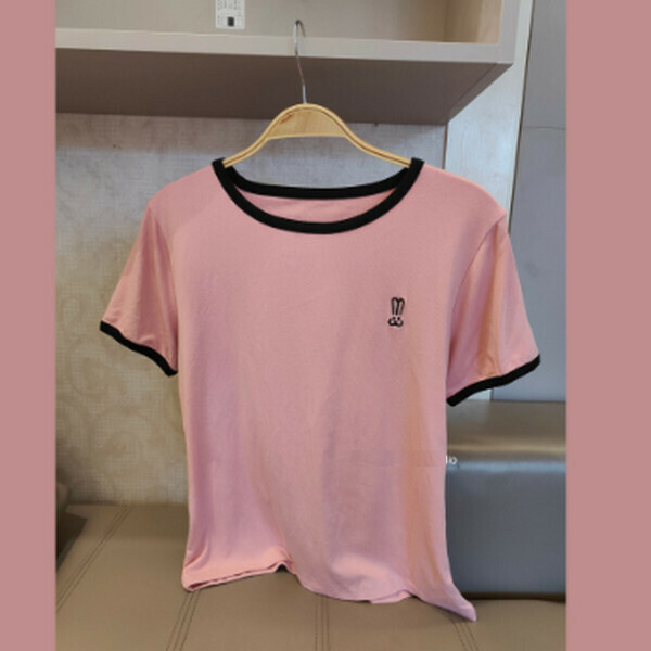Embroidered contrasting edging patchwork crew neck short sleeve T-shirt [pink] [one size 80-140 lbs]