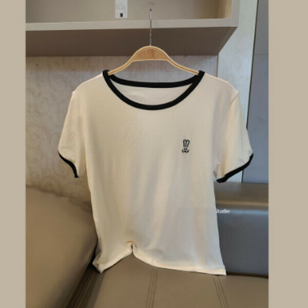 Embroidered contrasting edging patchwork crew neck short sleeve T-shirt [apricot] [one size 80-140 lbs]