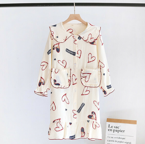 Spring and Autumn Crepe Long-sleeved Nightdress (LH Beige Bear and Rabbit) [M-L Size] [Contact Customer Service to Confirm Shipping Size after Placing an Order]