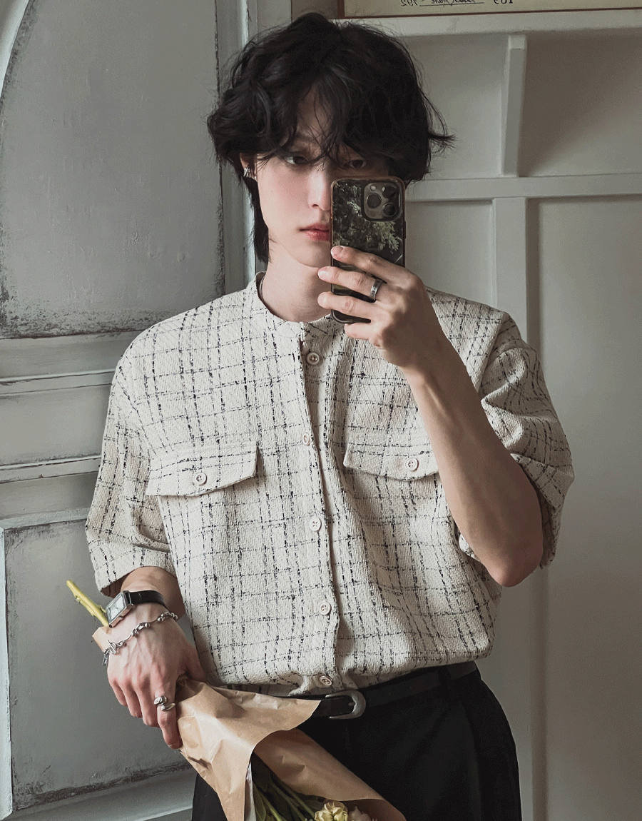 淺色Scott粗花呢短袖襯衫夾克