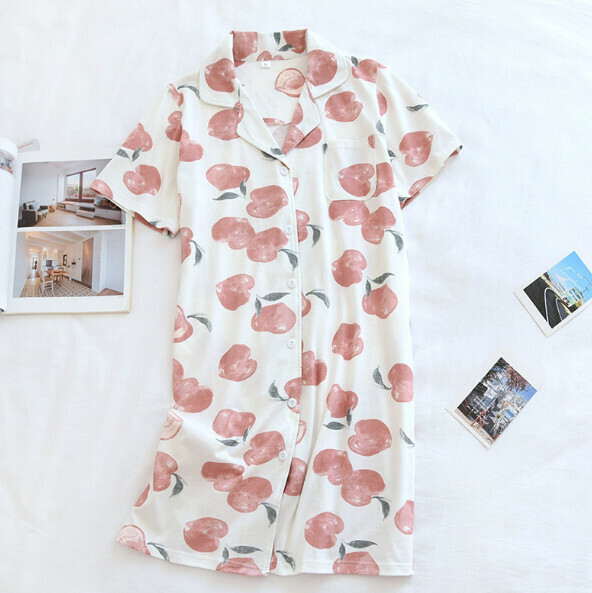 Spring and summer loose short-sleeved nightdress (LJH white peach) [M-L size] [Contact customer service to confirm the shipping size after placing an order]