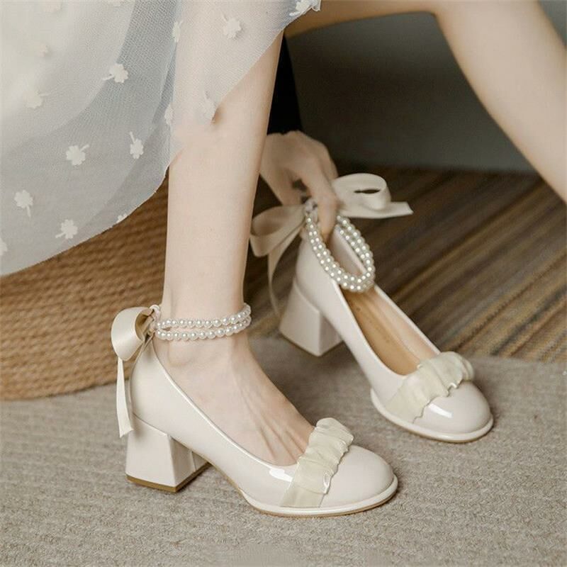 Hot Selling Thick Heel Pearl Mary Jane Shoes (Apricot Size 35-40) (Please contact customer service to confirm the delivery size after placing the order)