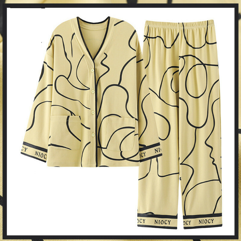 V-neck long-sleeved pajama set【M-XXL LW-QL88937】【Contact customer service to confirm the shipping size after placing an order】
