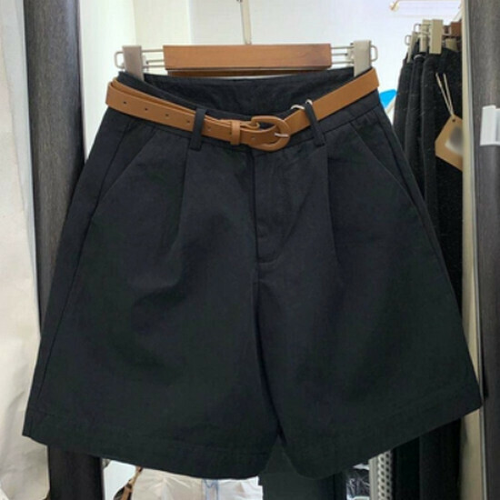 熱賣高腰休閒五分褲【黑色(送腰帶)】【S-XL碼】(下單後請聯絡客服確認發貨尺碼)