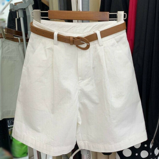 熱賣高腰休閒五分褲【白色(送腰帶)】【S-XL碼】(下單後請聯絡客服確認發貨尺碼)