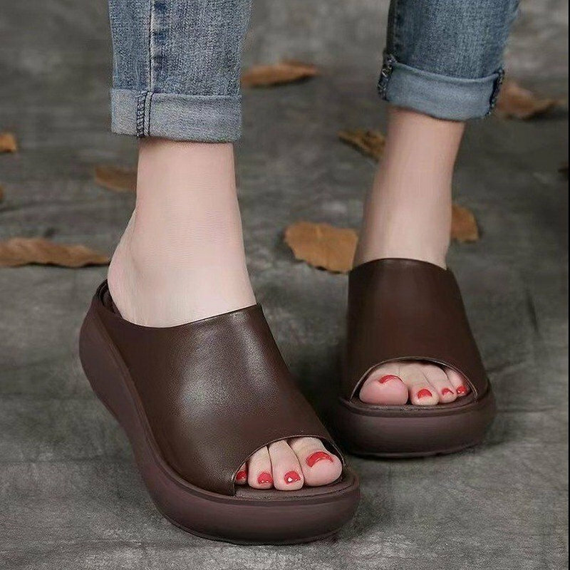 Hot selling wedge heel fish mouth slippers (brown size 35-40) (please contact customer service to confirm the delivery size after placing the order)