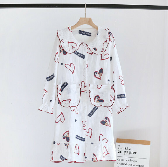 Spring and Autumn Crepe Long Sleeve Nightdress (LH White Bear and Rabbit) [M-L Size] [Contact Customer Service to Confirm Shipping Size After Placing an Order]