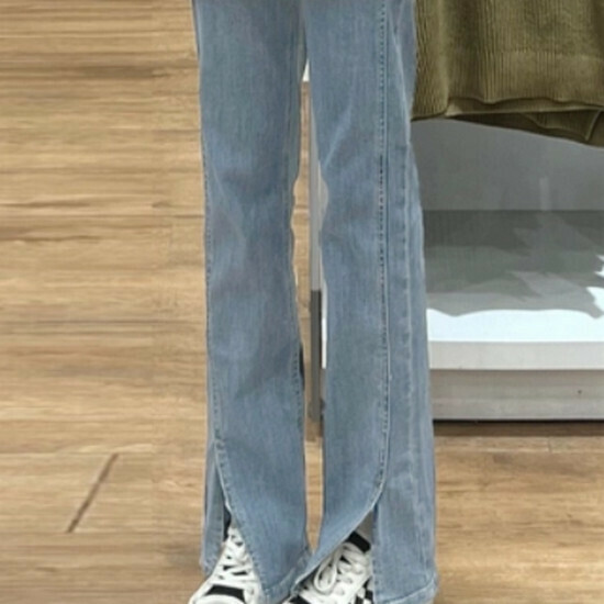 熱賣開叉高腰牛仔褲【淺藍】【S-XL碼】(下單後請聯絡客服確認發貨尺碼)