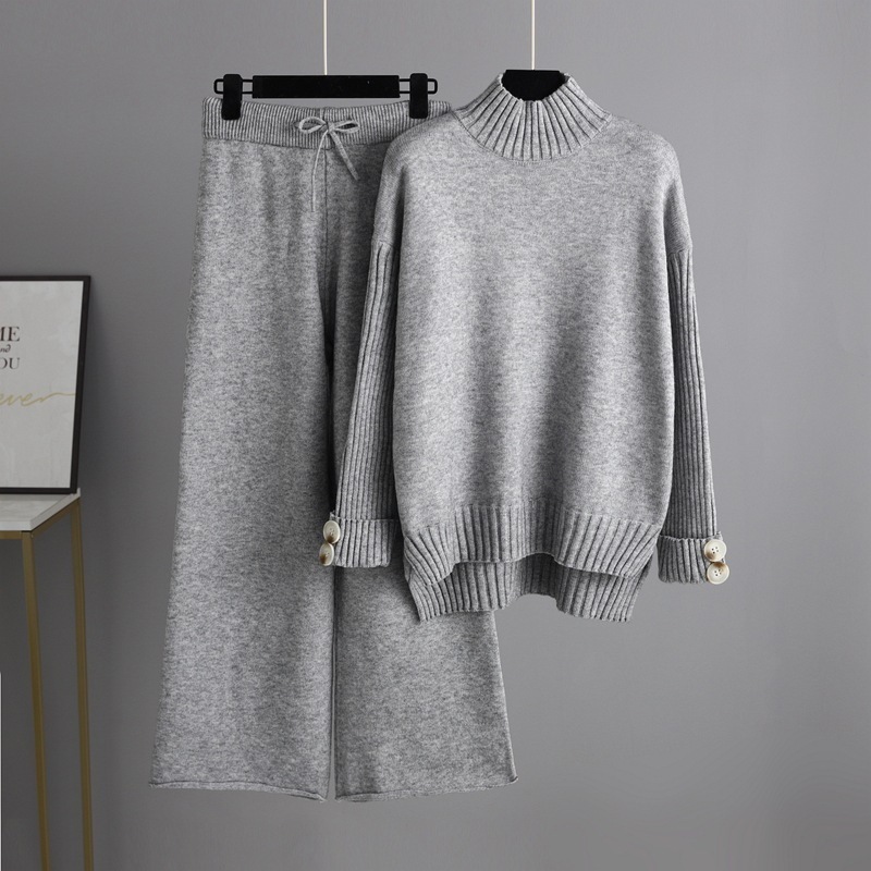 Temperament Casual Knit Sweater Set (One-size-fits-all Top + Pants Grey)