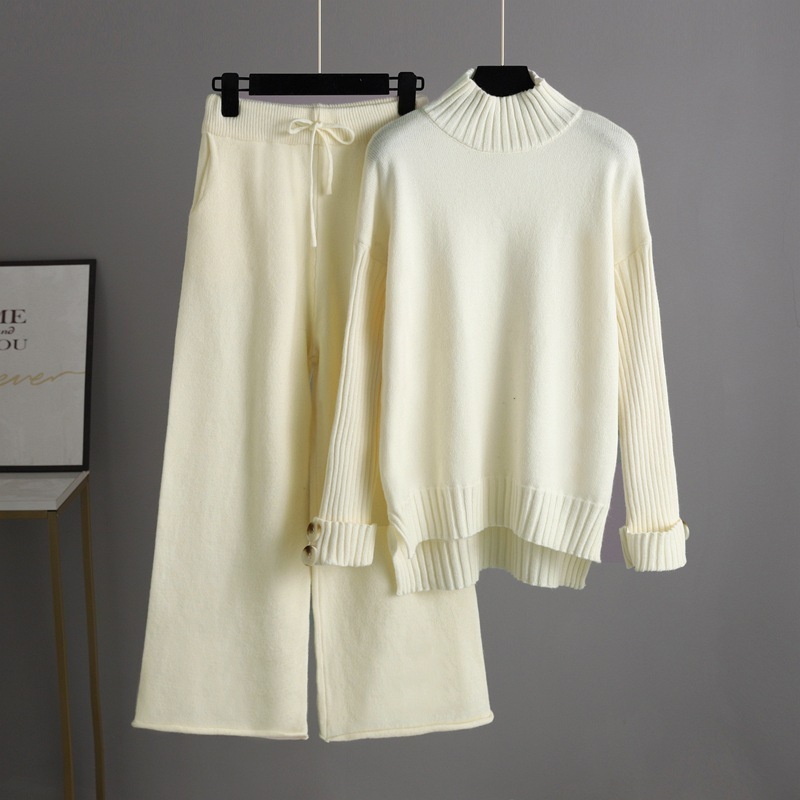 Temperament casual knitted sweater set (one-size-fits-all top + pants apricot)