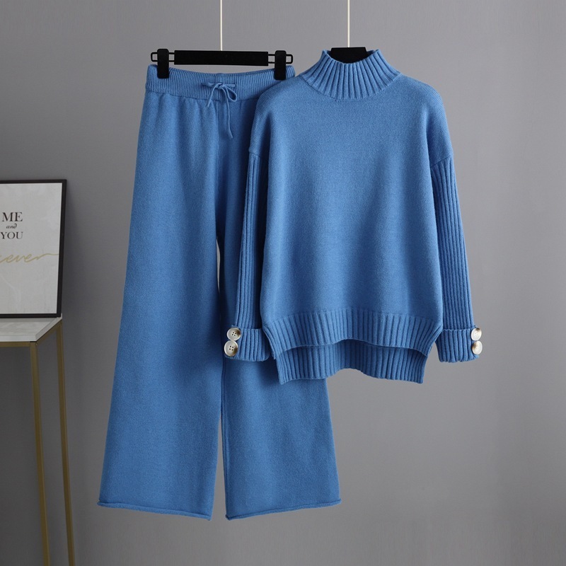 Temperament Casual Knitted Sweater Set (One-size-fits-all Top + Pants Blue)