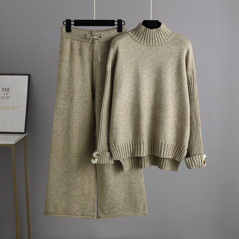 Temperament casual knitted sweater set (one-size-fits-all top + pants khaki)