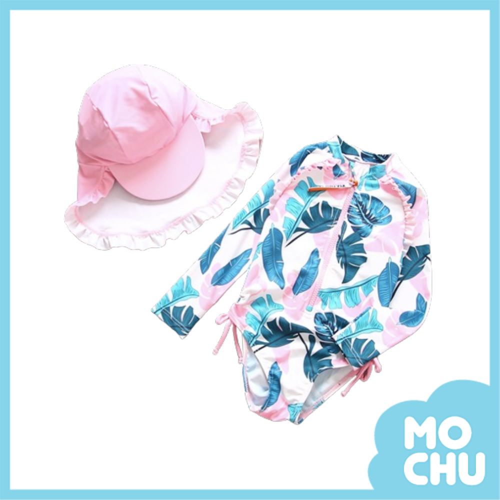 芭蕉葉抽繩長袖連身泳衣(含帽子)