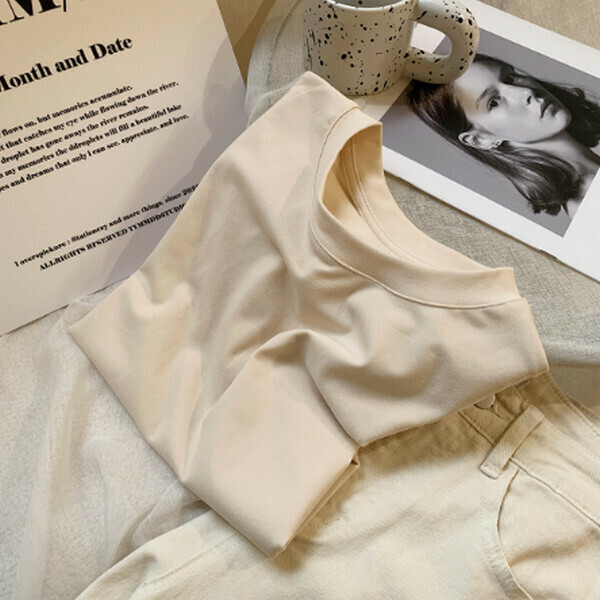 Round neck shoulder short sleeve T-shirt [6611 Peruvian cotton apricot] [one size]