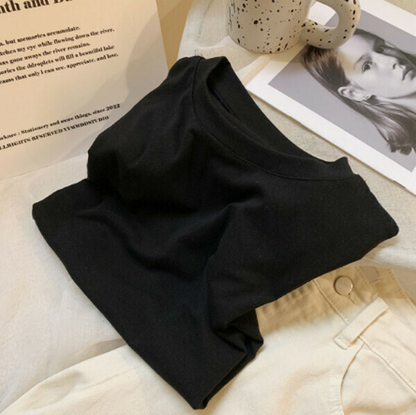 Round Neck Shoulder Short Sleeve T-Shirt [6611 Peruvian Cotton Black] [One Size]