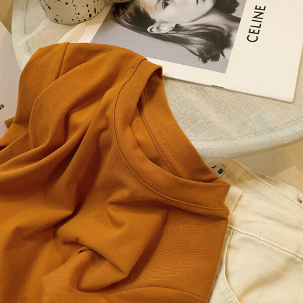 Round Neck Shoulder Short Sleeve T-Shirt [6611 Peruvian Cotton Pumpkin Orange] [One Size]