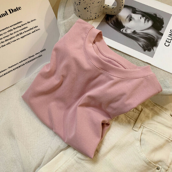 Round Neck Shoulder Short Sleeve T-Shirt [6611 Peruvian Cotton Light Pink] [One Size]