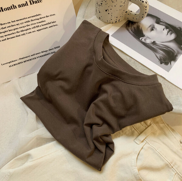 Round neck shoulder short sleeve T-shirt [6611 Peruvian cotton dark coffee] [one size]