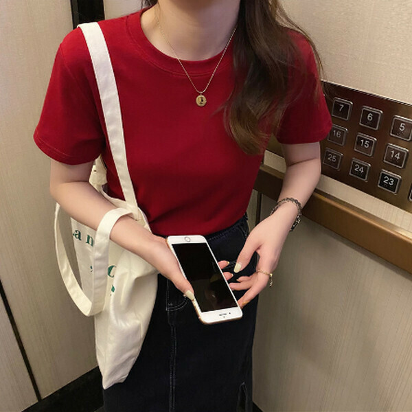 Round Neck Shoulder Short Sleeve T-Shirt [6611 Peruvian Cotton Wine Red] [One Size]