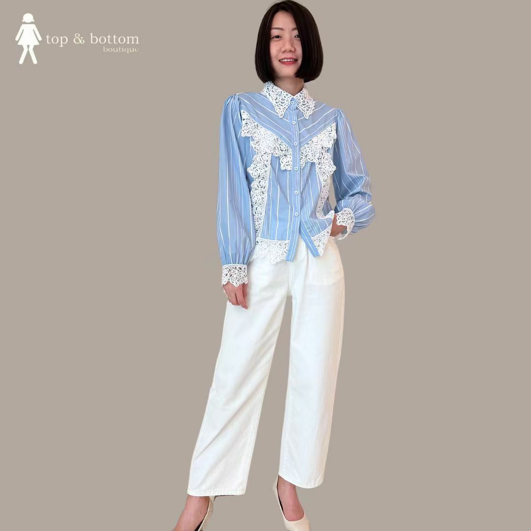 KOREA STRIPED COTTON LACE DETAILED BLOUSE