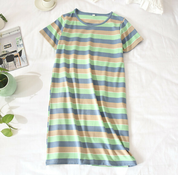 Summer thin loose nightdress (green color stripe) [M-XL size] [Contact customer service to confirm the shipping size after placing an order]