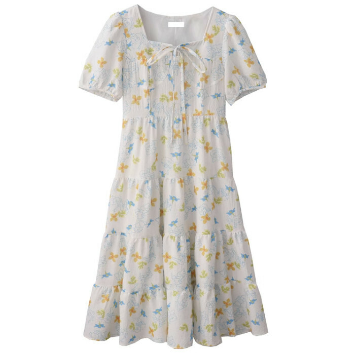 Hot seller collar small floral cake skirt dress [yellow blue] [S size]
