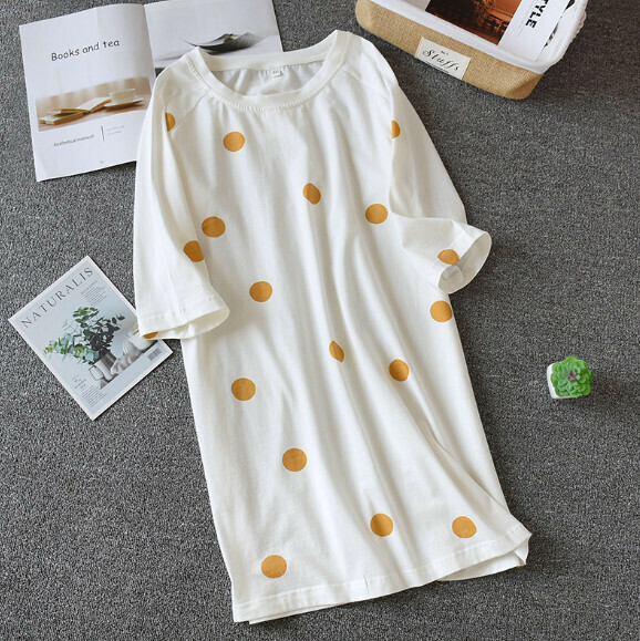 Summer thin cotton short-sleeved nightdress (H white background yellow dots) [M-L size] [Contact customer service to confirm the shipping size after placing an order]