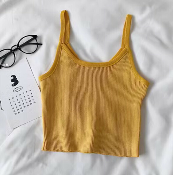 Summer solid color knit with cropped vest (yellow) [one size]