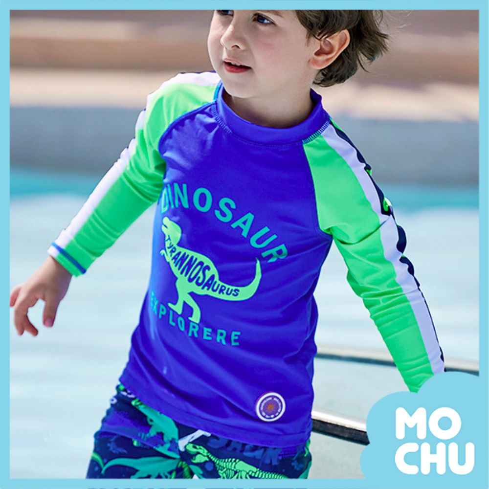 恐龍字母拼色長袖分體泳裝(送泳帽）