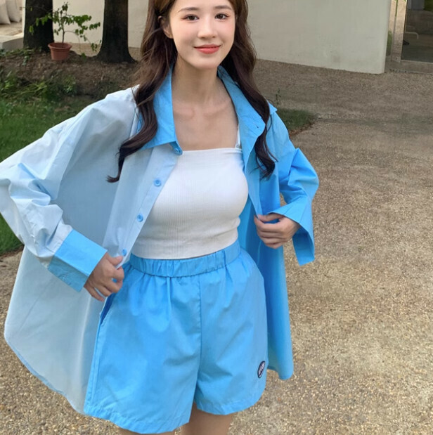 Hot selling shirt + vest + shorts three-piece set [blue] [one size fits all]