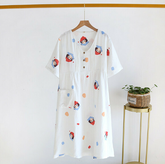 Summer Crepe Short Sleeve Nightdress (LYZ White Red Riding Hood) [M-XL Size] [Contact Customer Service to Confirm Shipping Size after Placing an Order]
