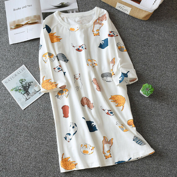 Summer thin cotton short-sleeved nightdress (H cartoon kitten) [M-L size] [Contact customer service to confirm the shipping size after placing an order]