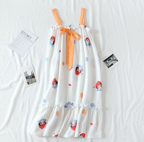 Summer thin crepe suspender nightdress (LYZ white red riding bag girl) [M-L size] [Contact customer service to confirm the shipping size after placing an order]