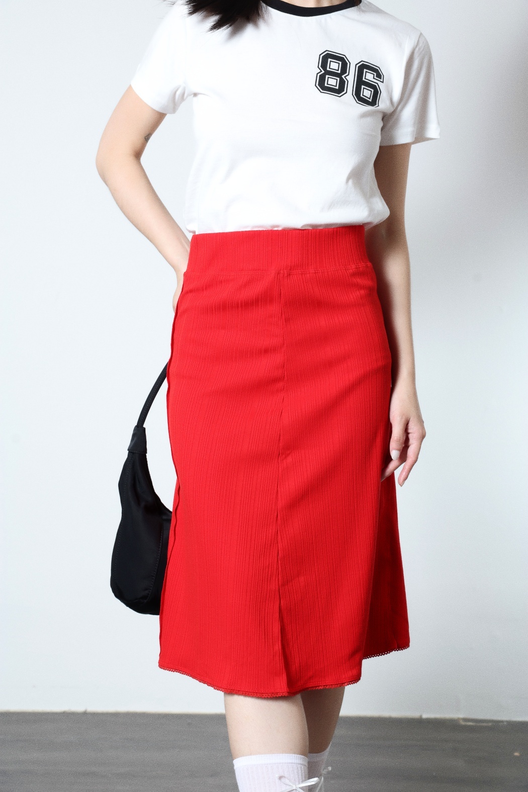 簡約開衩過膝半身裙-紅