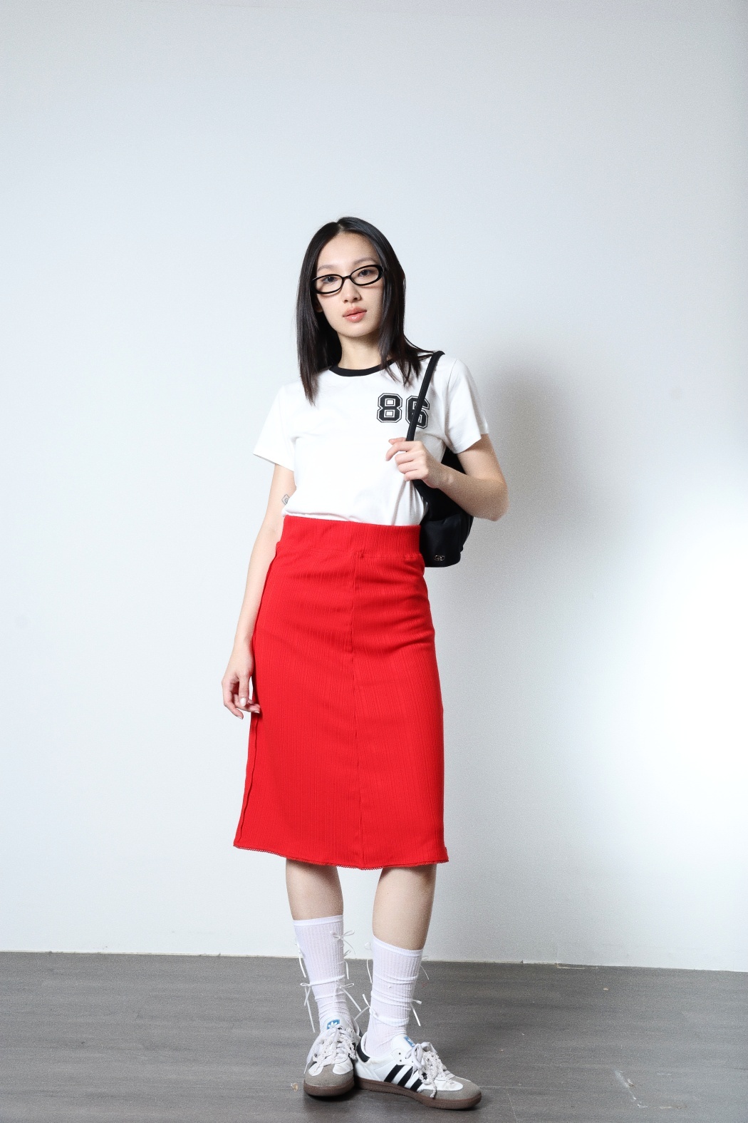 簡約開衩過膝半身裙-紅