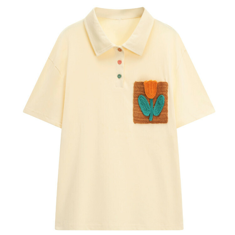 熱賣立體鉤花短袖T恤(米黃色)(XS-L碼)(下單後聯絡客服確認發貨尺碼) 