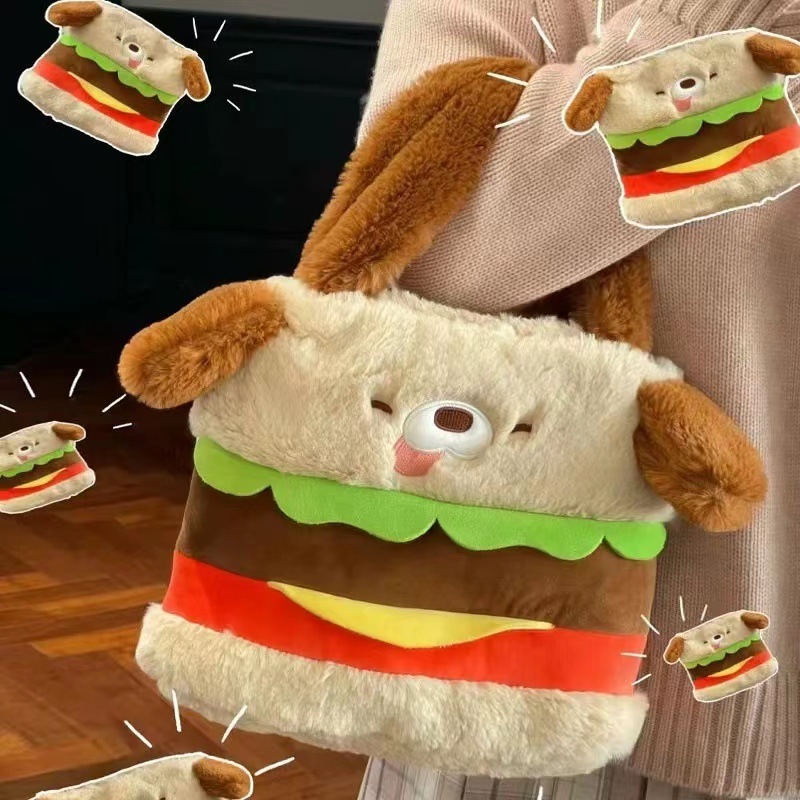 《51467》漢堡狗狗毛絨手提側背包